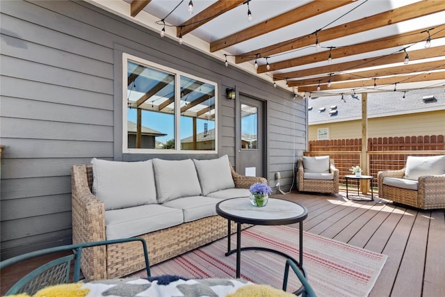 deck featuring fence and an outdoor hangout area