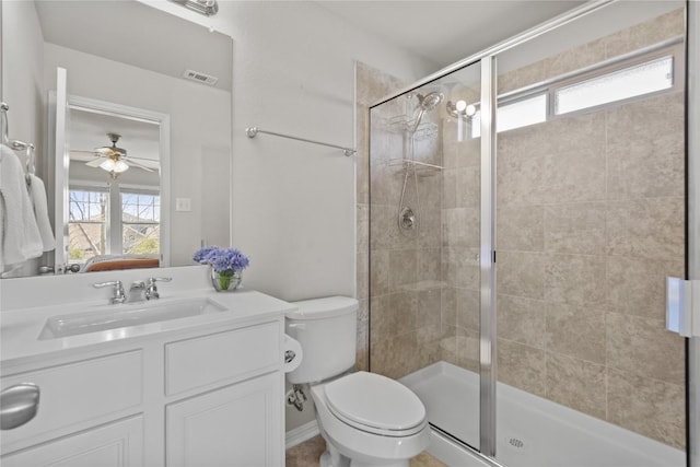 ensuite bathroom featuring visible vents, toilet, a shower stall, and vanity