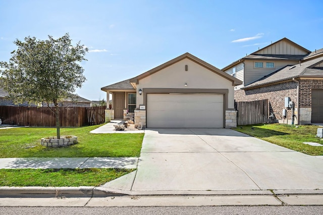 view of front facade with concrete driveway, an attached garage, a front yard, fence, and stone siding