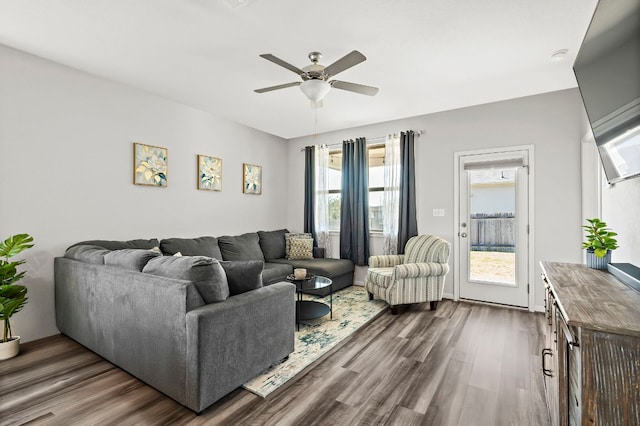 living area featuring ceiling fan and dark wood-type flooring