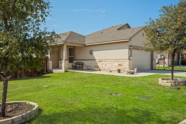 view of front of property with an attached garage, stone siding, driveway, stucco siding, and a front yard