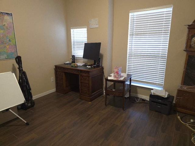 office featuring dark wood-style flooring and baseboards