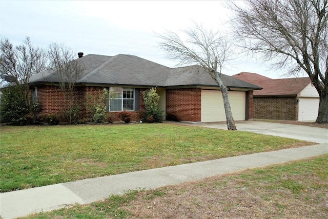 ranch-style home with driveway, brick siding, a front lawn, and an attached garage