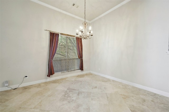 unfurnished room with a chandelier, ornamental molding, visible vents, and baseboards