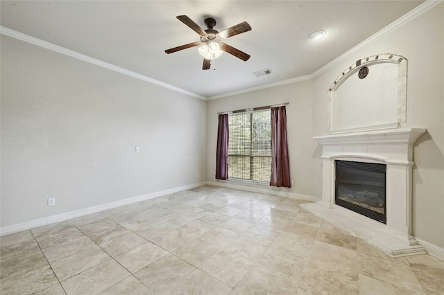 unfurnished living room featuring ornamental molding, a glass covered fireplace, visible vents, and baseboards