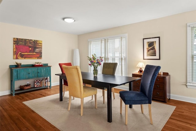 dining area featuring wood finished floors and baseboards