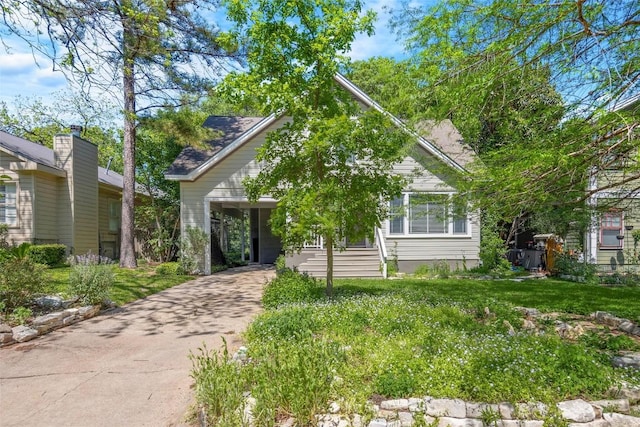 view of property hidden behind natural elements with driveway and a carport
