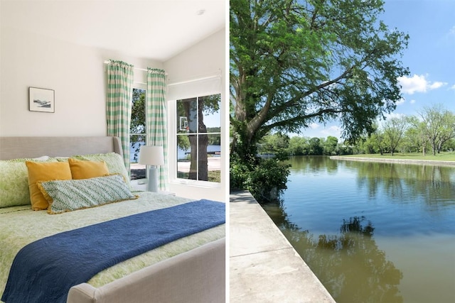 bedroom featuring a water view and vaulted ceiling