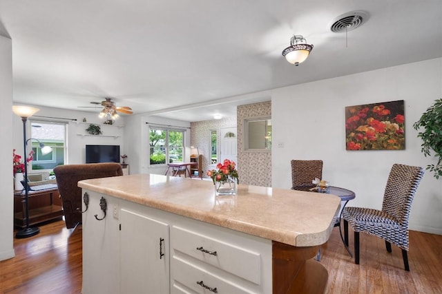 kitchen with light countertops, a wealth of natural light, wood finished floors, and white cabinetry