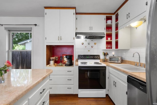 kitchen with under cabinet range hood, stainless steel appliances, a sink, light countertops, and tasteful backsplash