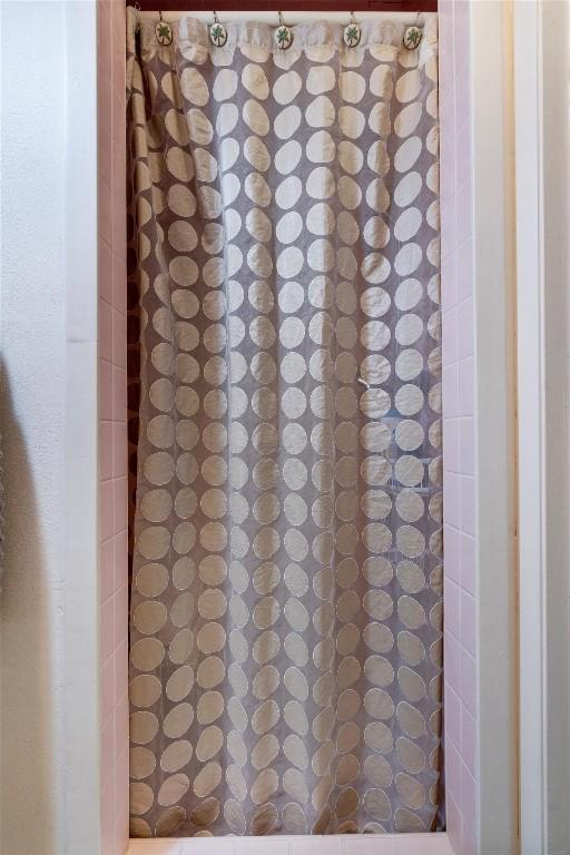 interior details with a shower with curtain