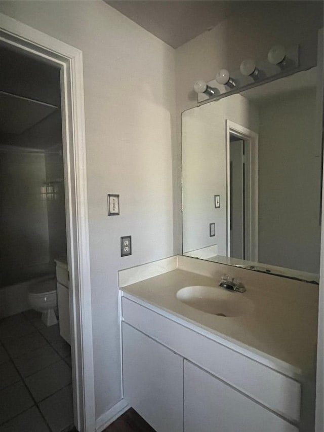 bathroom featuring toilet, tile patterned flooring, and vanity