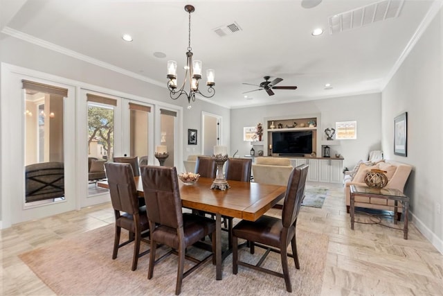 dining area with recessed lighting, visible vents, and crown molding