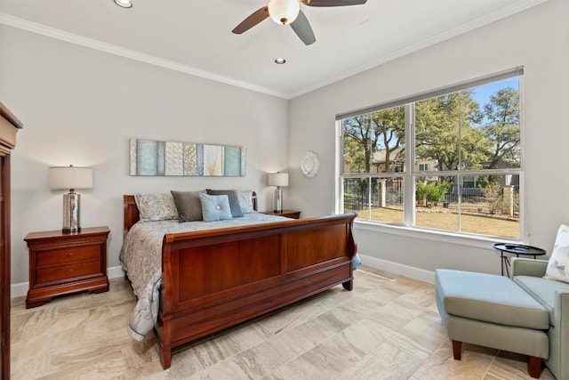 bedroom featuring ornamental molding, recessed lighting, baseboards, and a ceiling fan