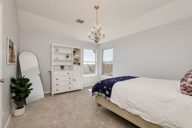 bedroom with a chandelier, baseboards, visible vents, and light colored carpet