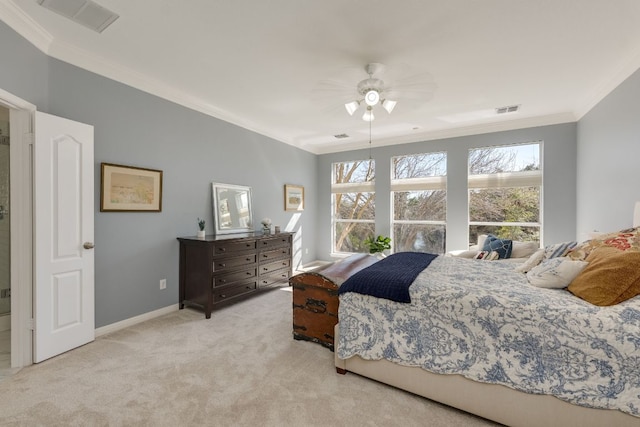 bedroom featuring light carpet, ornamental molding, visible vents, and baseboards