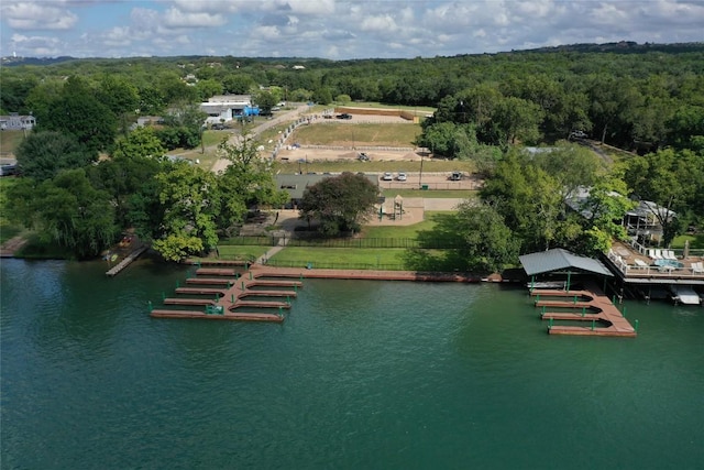 drone / aerial view with a water view and a wooded view