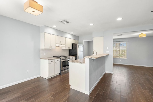 12314 Double Tree Ln, Austin, TX 78750 - kitchen featuring stainless steel appliances, under cabinet range hood, a peninsula, a breakfast bar, and dark wood-style flooring