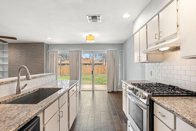 12314 Double Tree Ln, Austin, TX 78750 - kitchen with stainless steel gas range oven, under cabinet range hood, a sink, dark wood-type flooring, and tasteful backsplash