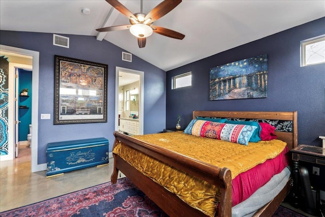 bedroom featuring visible vents, vaulted ceiling with beams, baseboards, and ensuite bathroom