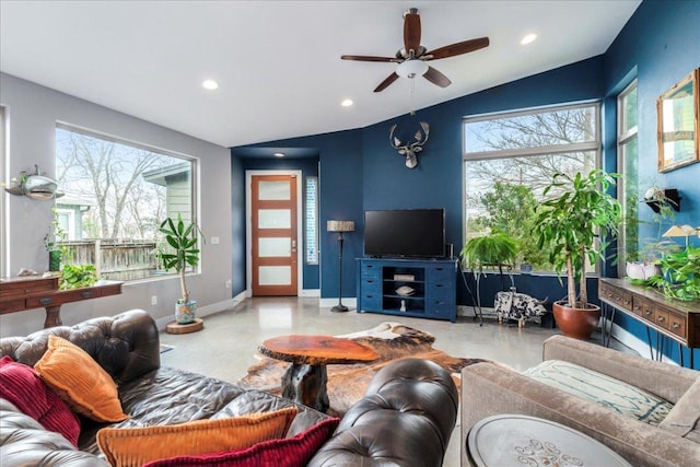 4404 Clarkson Ave, Austin, TX 78751 - living room featuring ceiling fan, recessed lighting, concrete floors, and baseboards