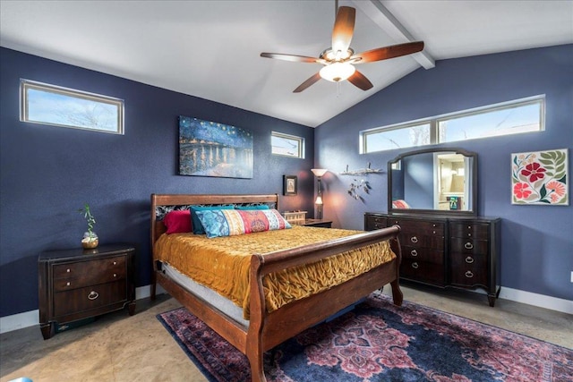 bedroom featuring lofted ceiling with beams, ceiling fan, and baseboards