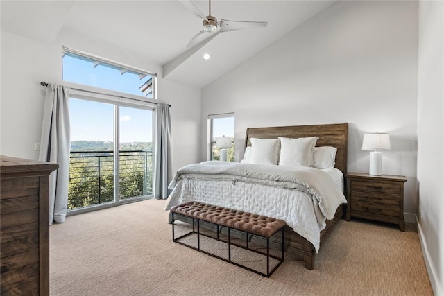 carpeted bedroom featuring ceiling fan, high vaulted ceiling, baseboards, and recessed lighting