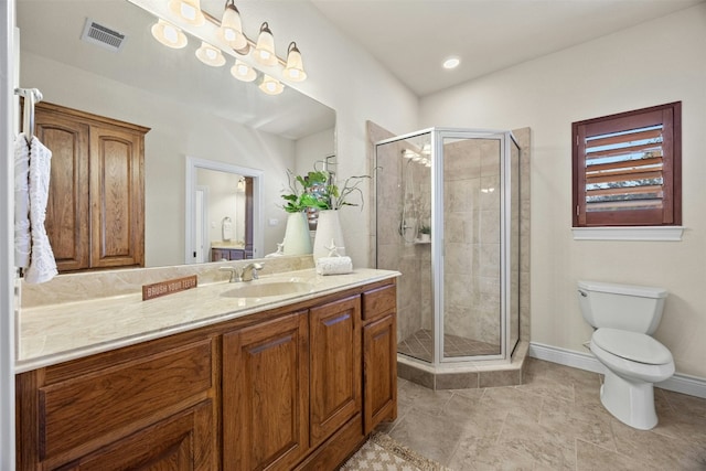 full bathroom featuring visible vents, a shower stall, toilet, and vanity