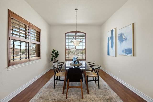 dining space featuring baseboards, dark wood finished floors, and a healthy amount of sunlight