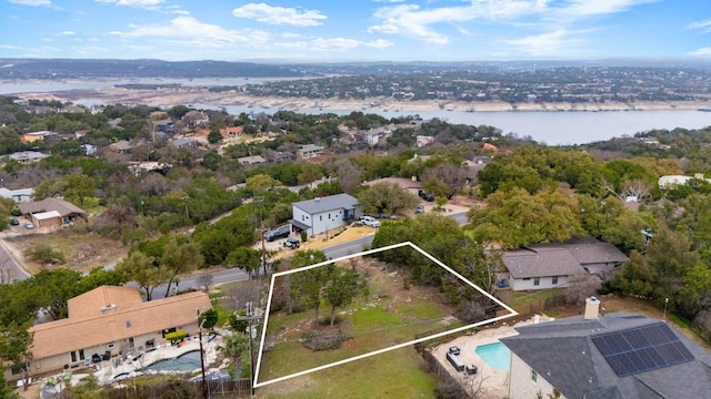 drone / aerial view featuring a water view