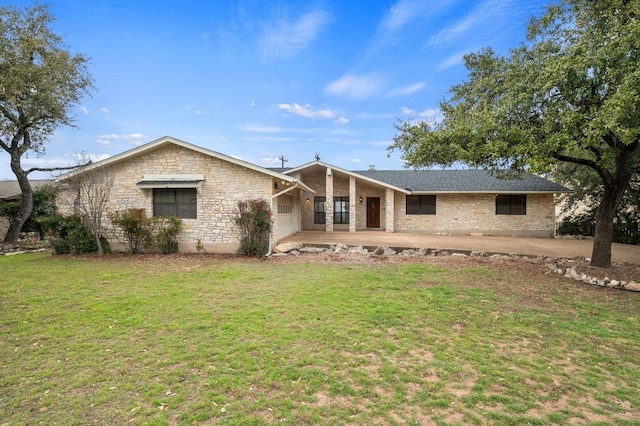 single story home with a patio and a front lawn