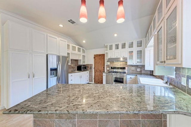 kitchen featuring visible vents, lofted ceiling, stainless steel appliances, under cabinet range hood, and a sink