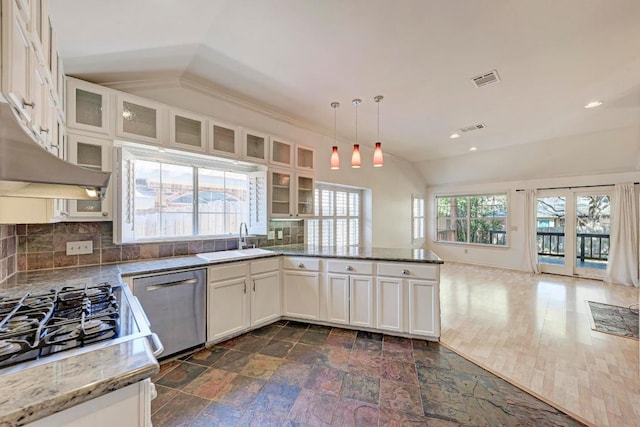 kitchen featuring a sink, tasteful backsplash, vaulted ceiling, and stainless steel dishwasher