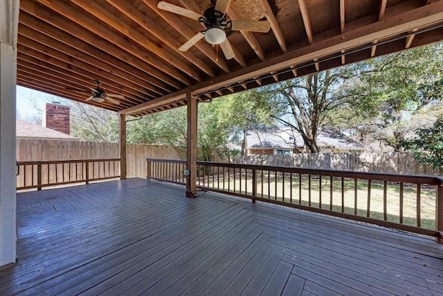 wooden terrace with a fenced backyard and ceiling fan