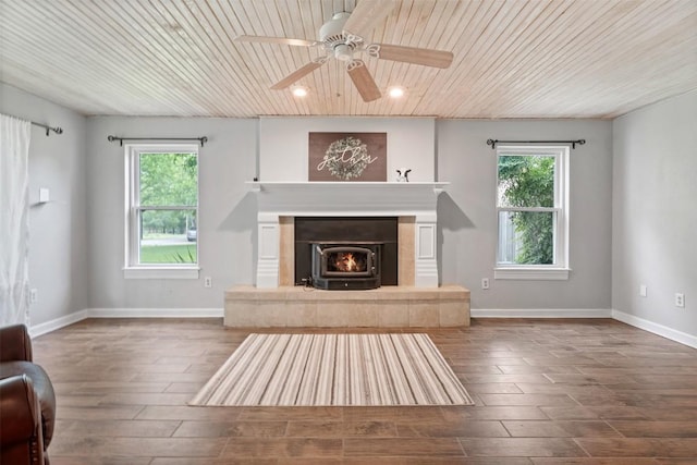 unfurnished living room with wooden ceiling, plenty of natural light, and wood finished floors