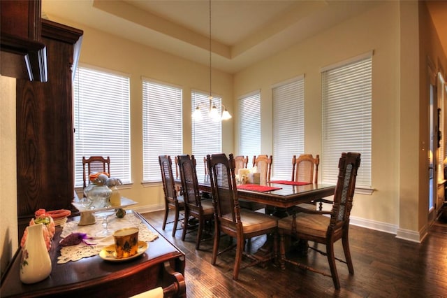 dining room featuring baseboards, a raised ceiling, and dark wood finished floors