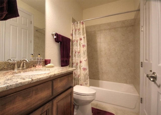 bathroom featuring vanity, toilet, and shower / bathtub combination with curtain