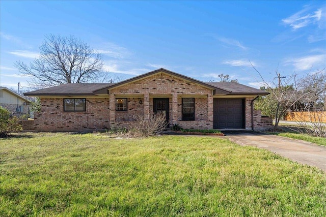 ranch-style house featuring a garage, brick siding, driveway, and a front lawn