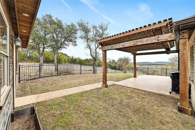 view of yard with a fenced backyard, a pergola, and a patio