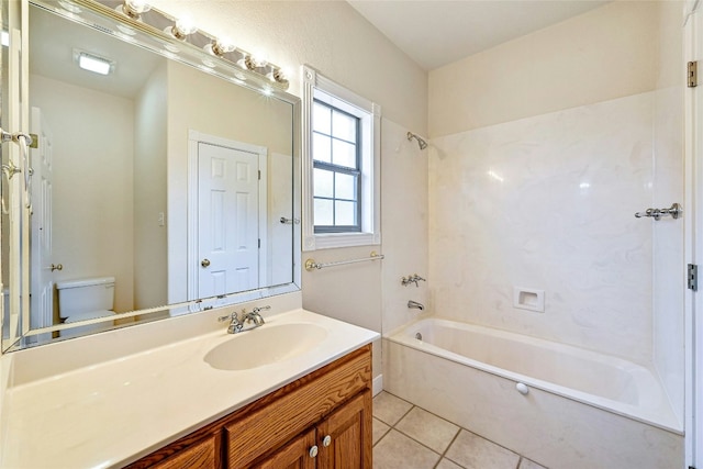 full bathroom featuring shower / washtub combination, tile patterned flooring, vanity, and toilet