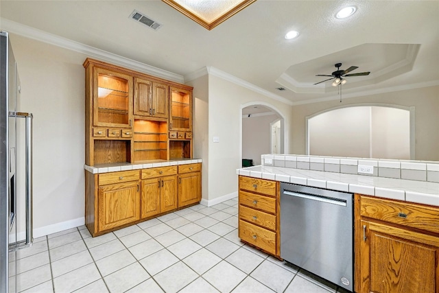 kitchen featuring light tile patterned floors, visible vents, dishwasher, crown molding, and open shelves