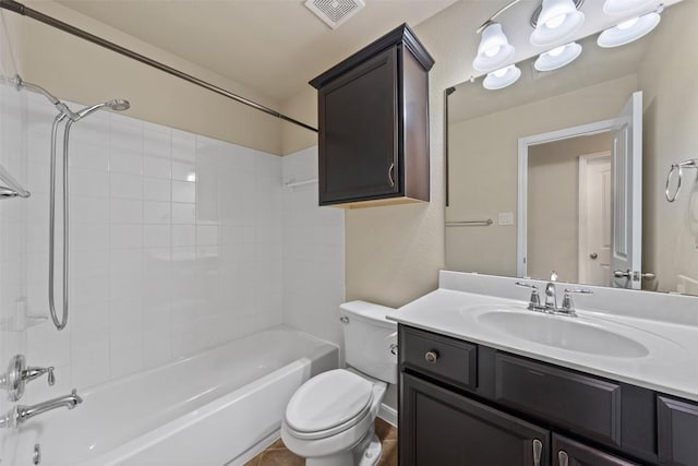 bathroom featuring toilet,  shower combination, vanity, and visible vents