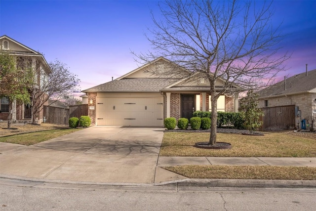 view of front of property featuring brick siding, a shingled roof, fence, a garage, and driveway