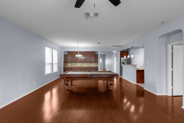 2202 Kuykendall Dr, Georgetown, TX 78626 - playroom featuring arched walkways, ceiling fan, dark wood finished floors, and pool table