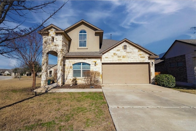 view of front of house featuring a garage, stone siding, concrete driveway, stucco siding, and a front lawn