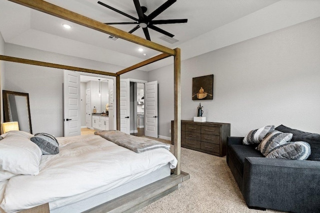 bedroom with light colored carpet, beam ceiling, visible vents, and recessed lighting