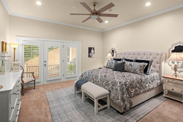 bedroom with light colored carpet, ornamental molding, access to outside, french doors, and recessed lighting