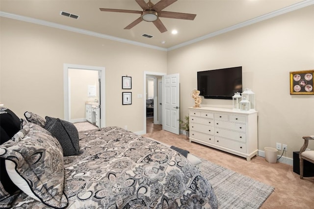 bedroom with ornamental molding, visible vents, and baseboards