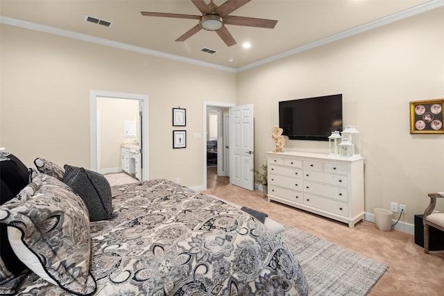 2216 Garden Ct, San Marcos, TX 78666 - bedroom with light colored carpet, ornamental molding, baseboards, recessed lighting, and a ceiling fan