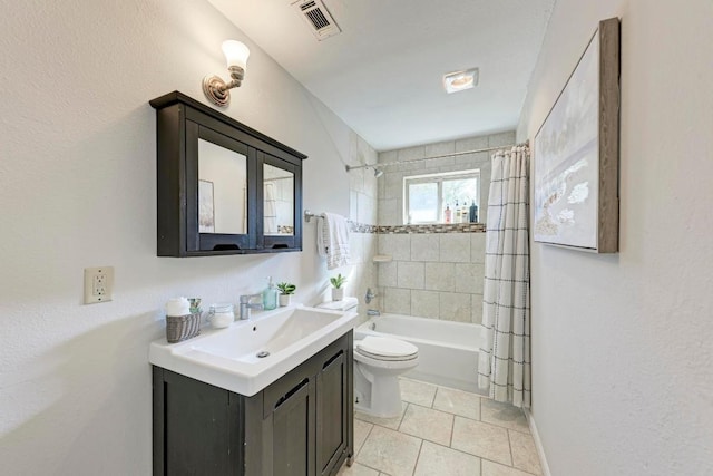 4113 Rimrock Dr, Lago Vista, TX 78645 - full bathroom with tile patterned flooring, toilet, visible vents, vanity, and shower / bathtub combination with curtain